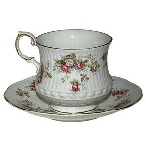 Queens Rosina China Footed Teacup Saucer Rosamund Pattern England Flowers